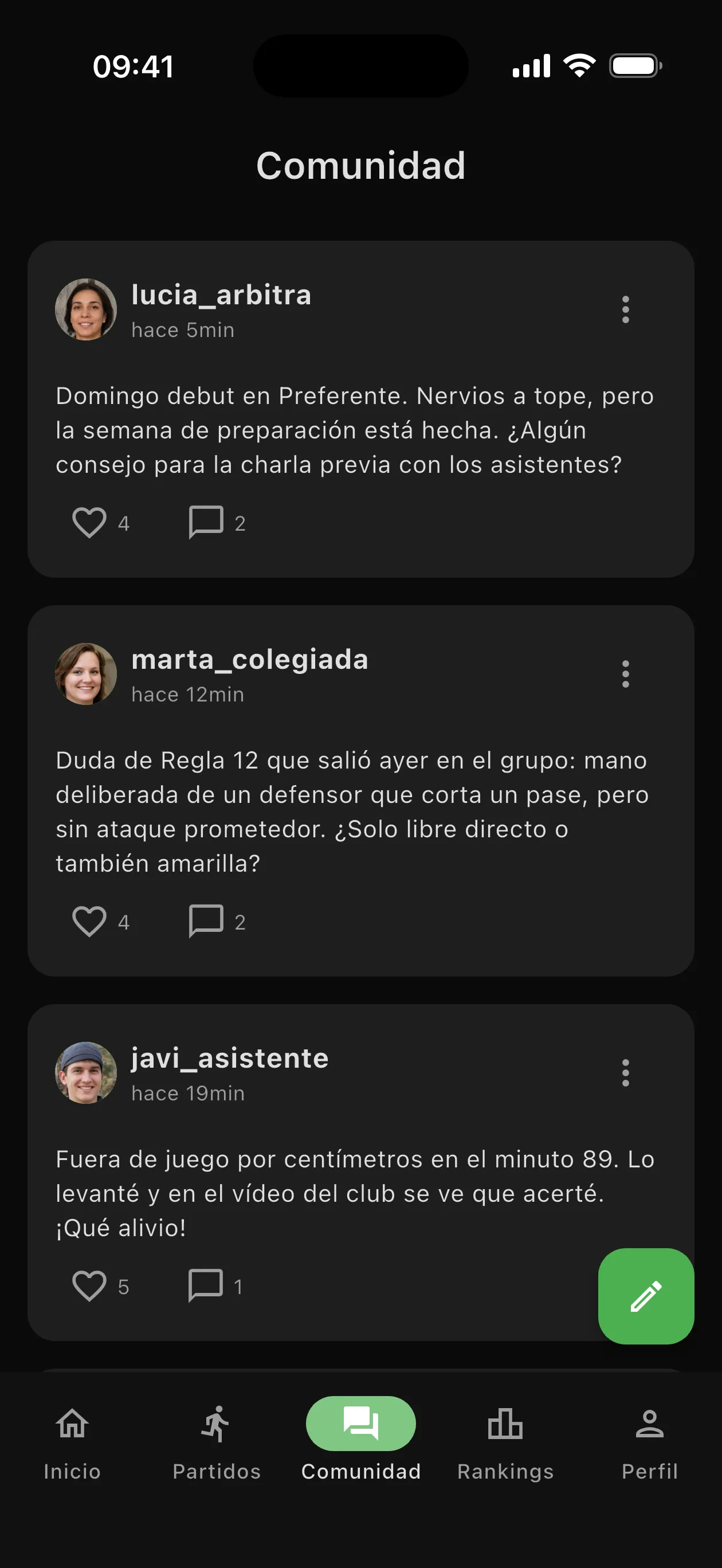 Muro de la comunidad de Rulefy con publicaciones de árbitros