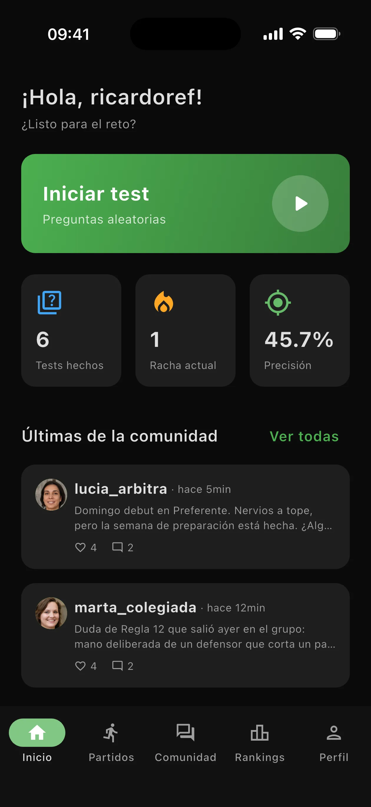 Pantalla de inicio de Rulefy con el acceso a los tests y las últimas publicaciones de la comunidad